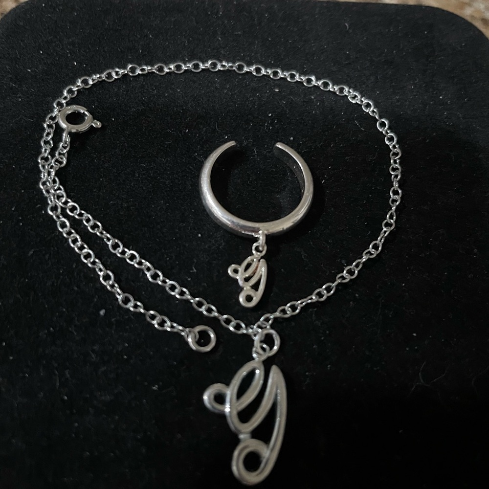 NWT 925 Sterling Silver Script G Ankle Bracelet & adjustable Toe Ring Set🌸